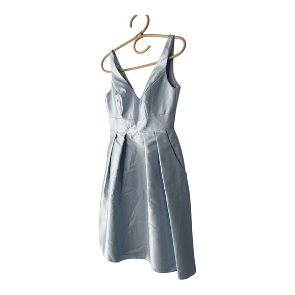 Alfred Sung Satin Twill V-Neck Pleated Skirt Cocktail Dress in Blue Mist D768 0R - Picture 5 of 14